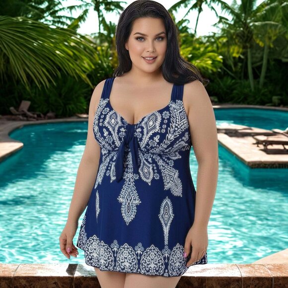New Item Other - Plus Navy Blue Paisley Print 2Pc Swimdress Set Wide Strap Women Size 24 Swimwear
